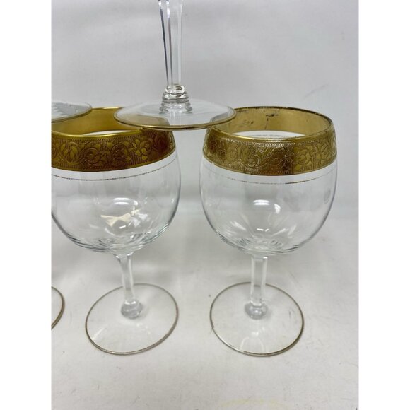 Set Of 6 Vintage MCM Double Gold Banded Wine Glasses Hexagonal Stems Plaza NYC - Picture 4 of 13